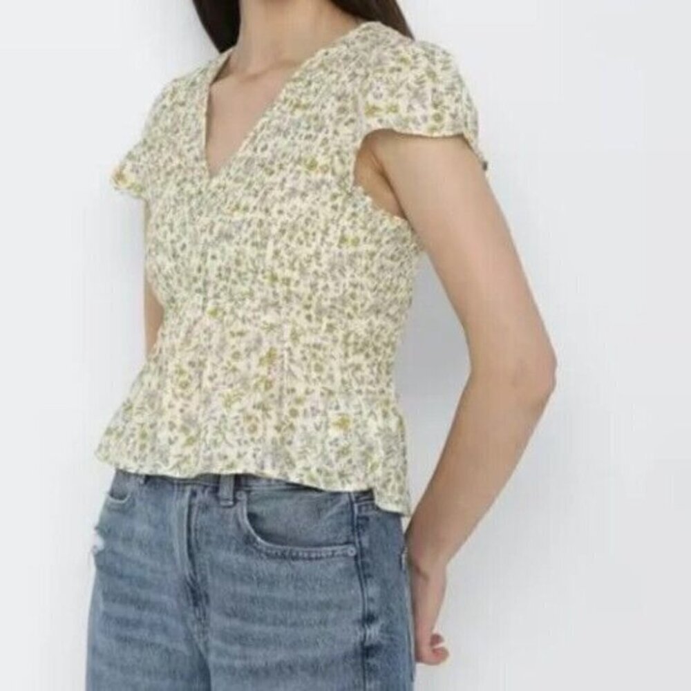 American Eagle Top Womens Xl Yellow Ditzy Floral Babydoll Smocked Coquette Boho